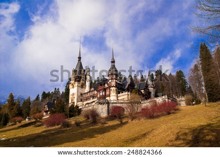 Peles Castle in the Carpathians Mountains, Romania. It is built in neo-renaissance style. It\'s placed in an idyllic setting in Bucegi Mountains, Sinaia near Brasov. It was built between 1873 and 1914.