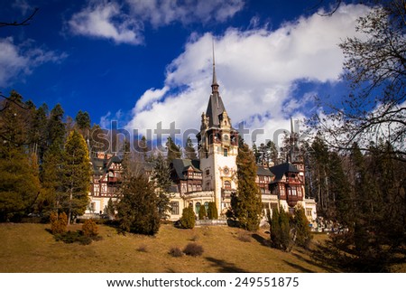 Peles Castle in the Carpathians Mountains, Romania. It\'s built in neo-renaissance style. It is placed in an idyllic setting in Bucegi Mountains, in Sinaia, Brasov. It was built between 1873 and 1914.