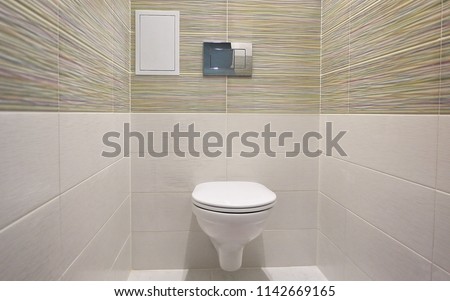 Toilet design with built-in toilet. Built-in toilet is made as an installation, all the elements, except for the toilet are hidden behind the tiles in the wall.