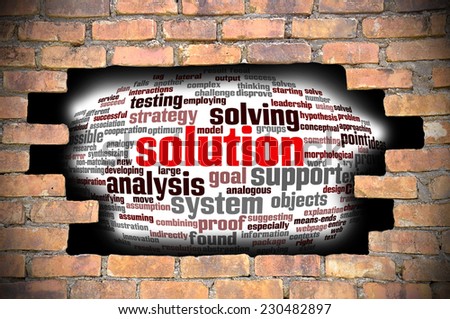 Business Concept - Hole in The Brick Wall Fill With Word Cloud Of Solution And Its Related Words.