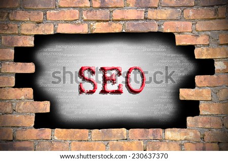 Business Concept - Hole At The Brick Wall And Found Caption SEO Inside The Wall