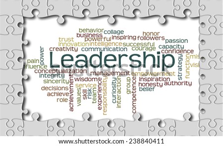Jigsaw puzzle reveal a wordcloud of Leadership at the background and its related words