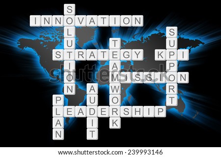 Crossword Of Leadership, Teamwork, Innovation, Plan, Audit, Solution, Strategy, Mission, Key Performance Indicator, KPI And Support With Glowing World Background.