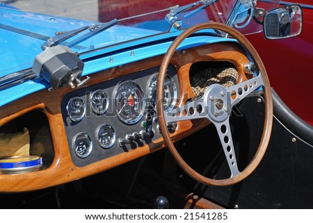 stock photo interior of a nice blue vintage oldtimer car