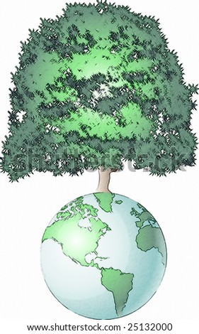World globe with giant tree illustration