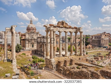 Roman Forum - Forum (Square) in the heart of ancient Rome with the surrounding buildings. Italy.