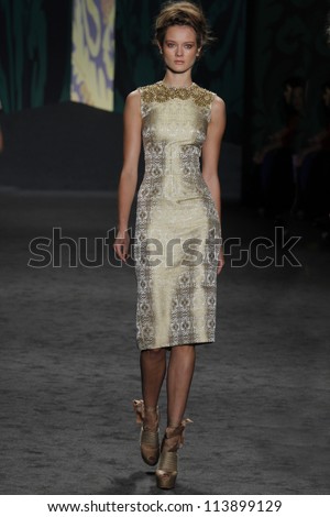 NEW YORK, NY - SEPTEMBER 11: Model Jac walks the runway at the Vera Wang Spring Summer 2013 fashion show during Mercedes-Benz Fashion Week in Lincoln Center on September 11, 2012 in New York City, USA