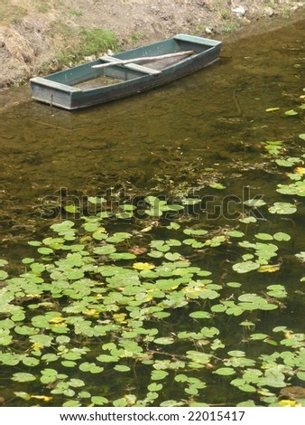 Peaceful scene of a boat and water lilies