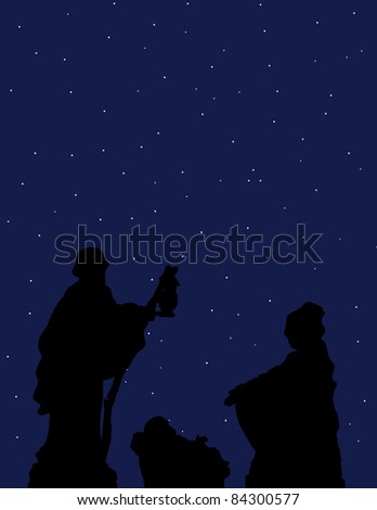 A nativity scene set against a starry twilight sky
