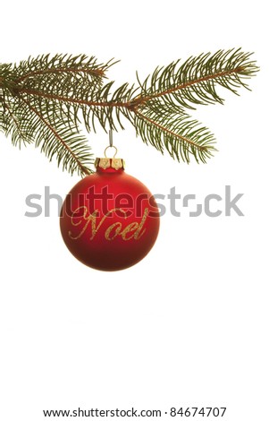 A red Christmas ornament with the word Noel written on it.  It is hanging from a pine branch and set against a white background.