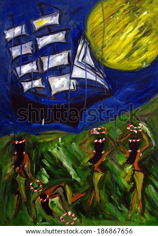 Tahitian women on the shore, oil painting