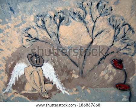 Angel under tree, oil painting