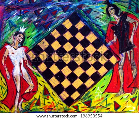 White and black chess queens, acrylic painting