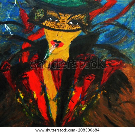 Sad lady smokes, oil painting