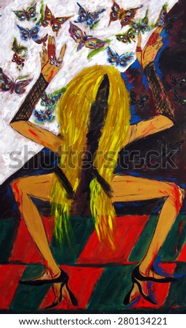 Woman and butterflies, meditation, oil painting