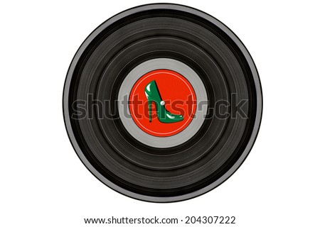 black music record with green stiletto shoe on red label isolated on white background