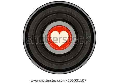 black music record with heart on red label isolated on white background