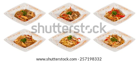 chinese stir-fried noodles set with chicken meat, seafood and sauses