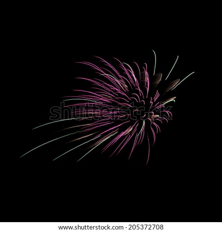 Isolated burst of purple and green fireworks against black sky background