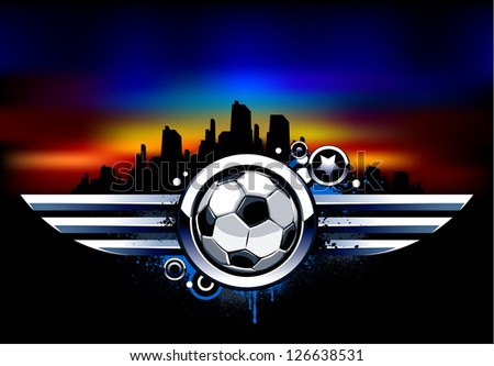 Sport background. Soccer ball with metal wings. Grunge style with graffiti elements. Vector illustration.