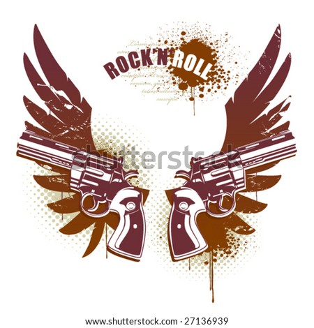 stock vector : Abstract rock-n-roll image with two revolvers, wings and. Abstract rock-n-roll image with two