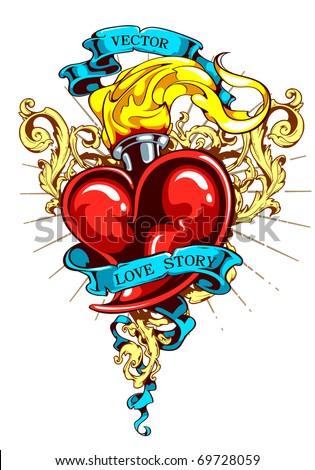 stock vector Burning heart with ribbon and flourish pattern Tattoo style