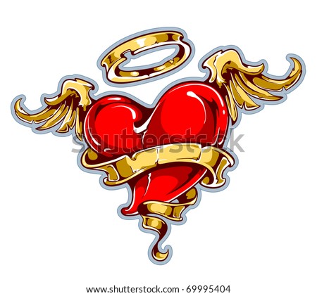 stock vector Tattoo styled heart with wings halo and ribbon for your text