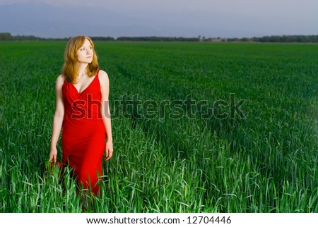 Very beautiful woman in red evening dress standing in tall grass at the evening