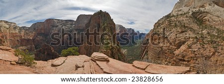 Panoramic view over the canyon in Zion National Park with the rock Angels Landing in the center. Utah, USA.