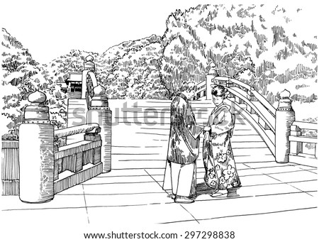 Japan romantic wedding. Young couple in traditional wear near the temple. Black and white dashed style sketch, line art, drawing with pen and ink. Retro vintage picture / etching / engraving on paper.