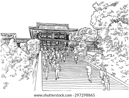 Traditional Japan temple on the hill with some people on the stairs. Black and white dashed style sketch, line art, drawing with pen and ink. Retro vintage picture / etching / engraving on paper.