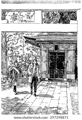 Japan small wooden temple in the forest. Two girls. Black and white dashed style sketch, line art, drawing with pen and ink. Retro vintage picture / etching / engraving on paper.