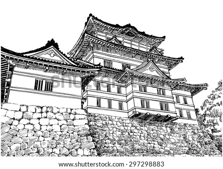 Traditional Japan wooden castle on the stone base. Black and white dashed style sketch, line art, drawing with pen and ink. Retro vintage picture / etching / engraving on paper.