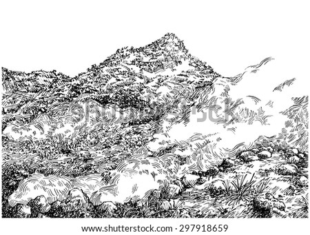 Mountain hot springs. Black and white dashed style sketch, line art, drawing with pen and ink. Trend of book illustration and comic art. Retro vintage picture / etching / engraving on paper.