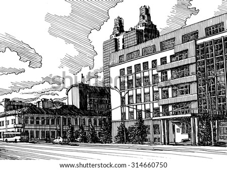 City view, urban scene. Black and white dashed style sketch, line art, drawing with pen and ink. Western classical trend of book illustration and comic art.