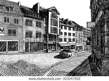 Street of an old European city. Black and white dashed style sketch, line art, drawing with pen and ink. Retro vintage picture.