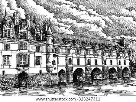 Old European castle Chenonceau, France. Black and white dashed style sketch, line art, drawing with pen and ink. Retro vintage picture.