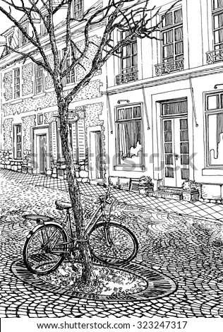 Bicycle near a tree on the street of the old town in Europe. Black and white dashed style sketch, line art, drawing with pen and ink. Retro vintage picture.