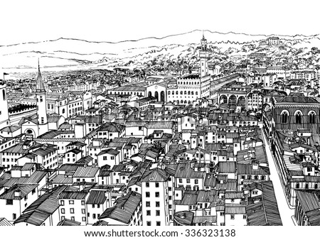 Florence city panorama. Black and white dashed style sketch, line art, drawing with pen and ink. Retro vintage picture.