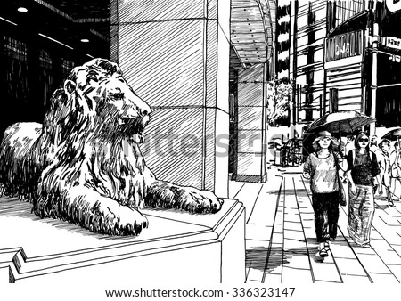 Japan street with girls and lion statue. Black and white dashed style sketch, line art, drawing with pen and ink. Retro vintage picture.