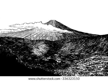 Fuji view. Black and white dashed style sketch, line art, drawing with pen and ink. Retro vintage picture.