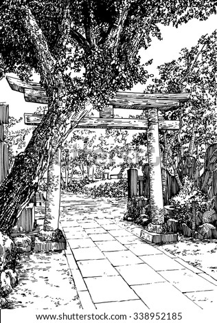 Japan garden. Black and white dashed style sketch, line art, drawing with pen and ink. Retro vintage picture.
