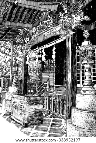 Traditional wooden temple in Japan. Black and white dashed style sketch, line art, drawing with pen and ink. Retro vintage picture.