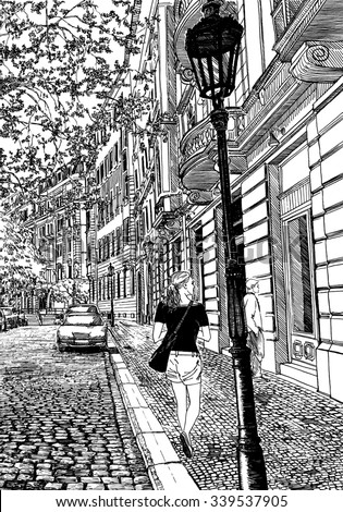 European street scene. Black and white dashed style sketch, line art, drawing with pen and ink. Retro vintage picture.