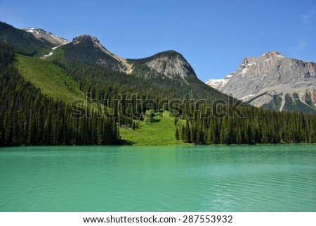Bright Green Avalanche Path, Evergreen Forest, Emerald Lake and Rocky Mountains Under a Deep Blue Sky