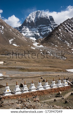 Buddhist stupas at Dirapuk Gompa, with the north face of Mount Kailash in background, Tibet.