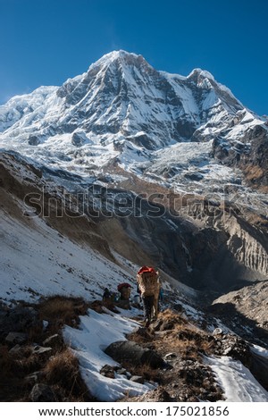 Trekking group in Annapurna Himal, with Annapurna South in background, Nepal