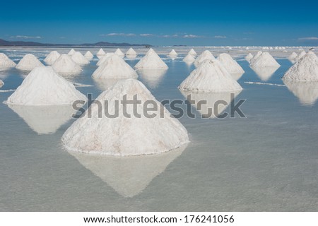 Piles of salt at Salar de Uyuni. Salar de Uyuni is the world\'s largest salt flat, located in Bolivia.