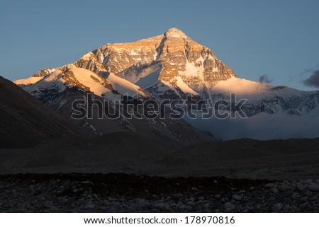 Closeup view of The north face of Mt. Everest before sunset, Tibet.