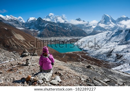 Trekking in Everest region, with a view of Mt.Everest and Gokyo lake from Renjo Pass, Nepal